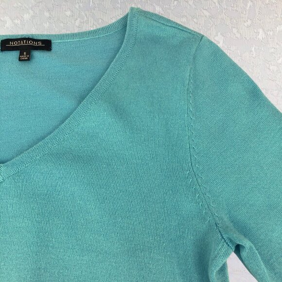 Notations Woman’s Turquoise V-Neck Sweater 3/4 Sleeve Rayon Blend Size S - Picture 6 of 14